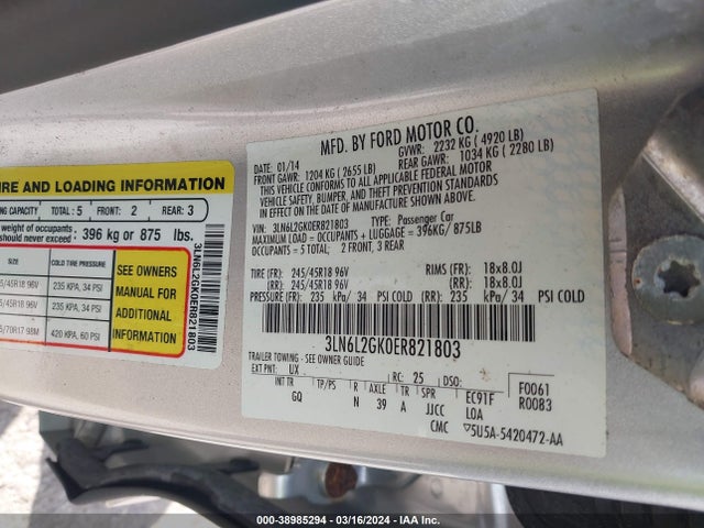 Lincoln MKZ 2014 3LN6L2GK0ER821803 Image 9