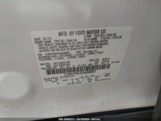 1LNHL9DK3EG606803 Lincoln MKS