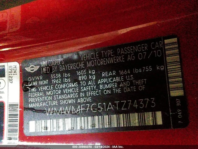 2010 MINI COOPER S WMWMF7C51ATZ74373 Photo 8
