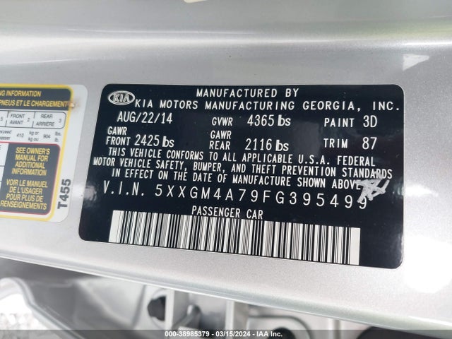 KIA Optima Lx 2015 5XXGM4A79FG395499 Image 9