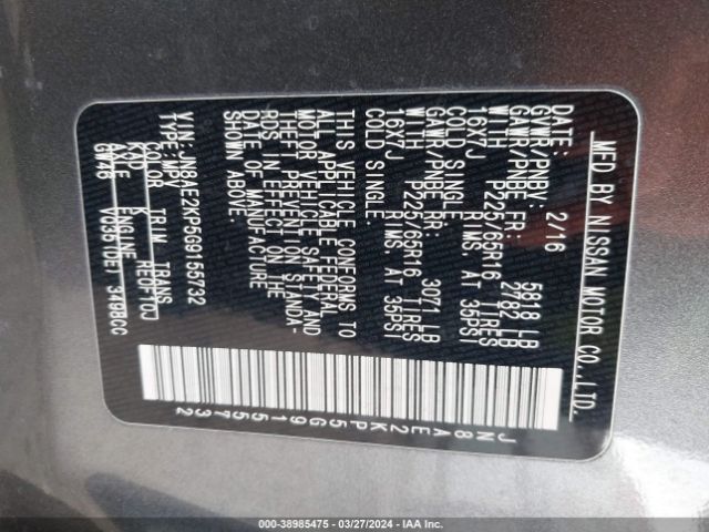 JN8AE2KP5G9155732 Nissan Quest Platinum/s/sl/sv