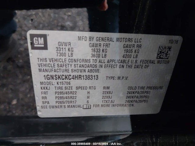 Chevrolet Tahoe Premier 2017 1GNSKCKC4HR138313 Image 9