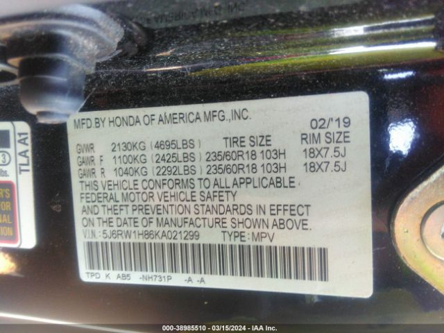 5J6RW1H86KA021299 Honda Cr-v Ex-l