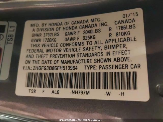 Honda CIVIC EX 2015 2HGFG3B86FH513964 Image 9