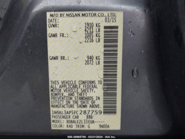 1N4AL3AP5FC287759 Nissan Altima 2.5/2.5 S/2.5 Sl/2.5 Sv