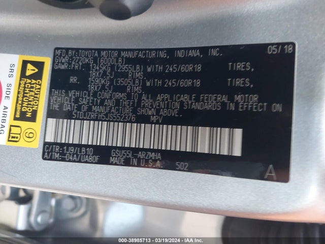Toyota Highlander Xle 2018 5TDJZRFH5JS552376 Image 9