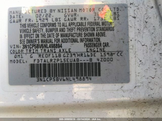 3N1CP5BV6NL498894 Nissan Kicks S Xtronic Cvt