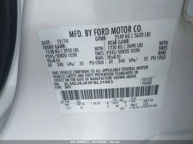 2LMDJ8JK5FBL31953 Lincoln MKX