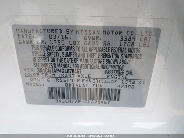 Nissan Versa 1.6 S 2016 3N1CN7AP4GL878467 Image 9