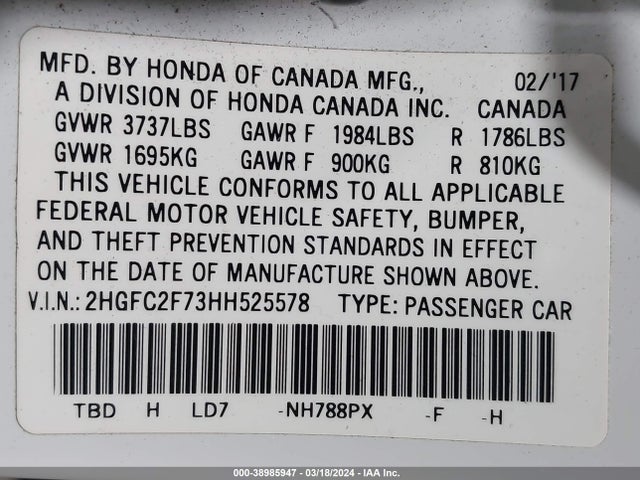 Honda CIVIC EX 2017 2HGFC2F73HH525578 Image 9