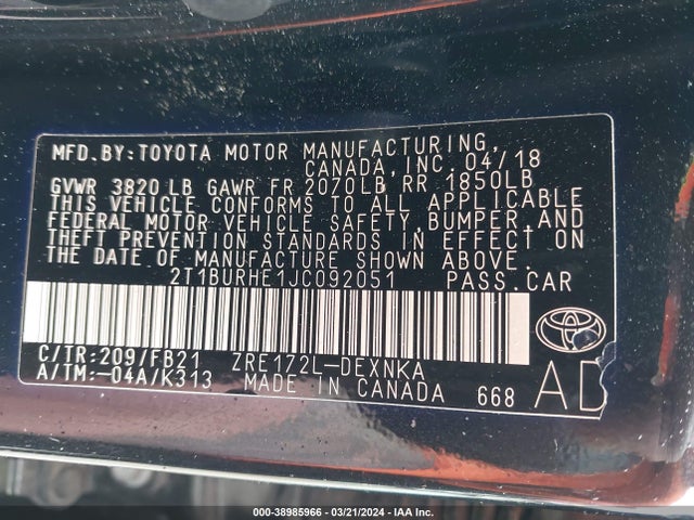 Toyota COROLLA LE 2018 2T1BURHE1JC092051 Image 9
