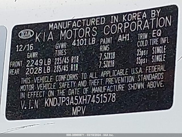 KIA SOUL + 2017 KNDJP3A5XH7451578 Image 9