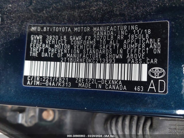 Toyota COROLLA LE 2019 2T1BURHE0KC213993 Image 9
