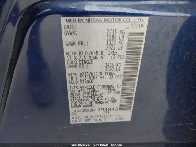 5N1DR2CM3LC594843 Nissan Pathfinder Sl 4wd