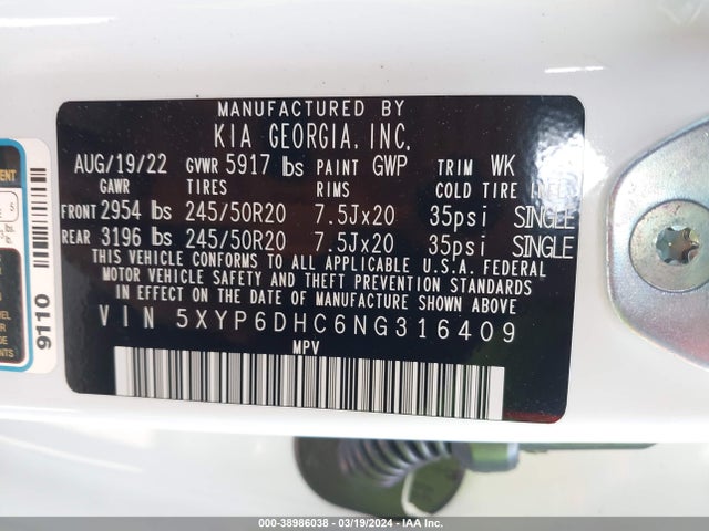 KIA Telluride S 2022 5XYP6DHC6NG316409 Image 9
