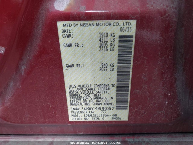 Nissan Altima 2.5 S 2015 1N4AL3AP0FC469367 Image 9