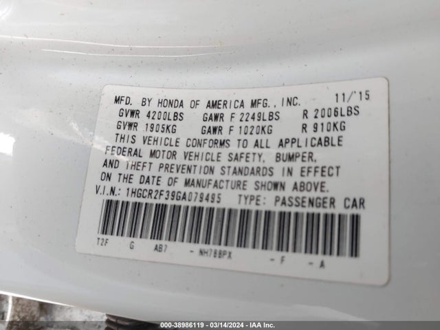 Honda ACCORD LX 2016 1HGCR2F39GA079495 Image 9