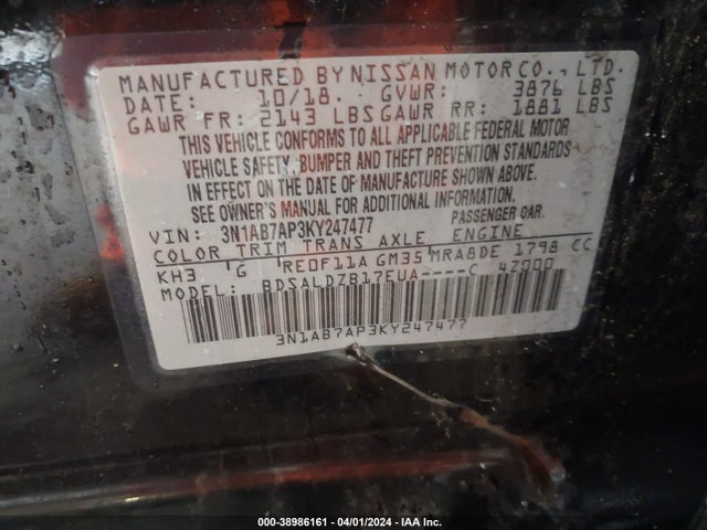 Nissan SENTRA SV 2019 3N1AB7AP3KY247477 Image 9