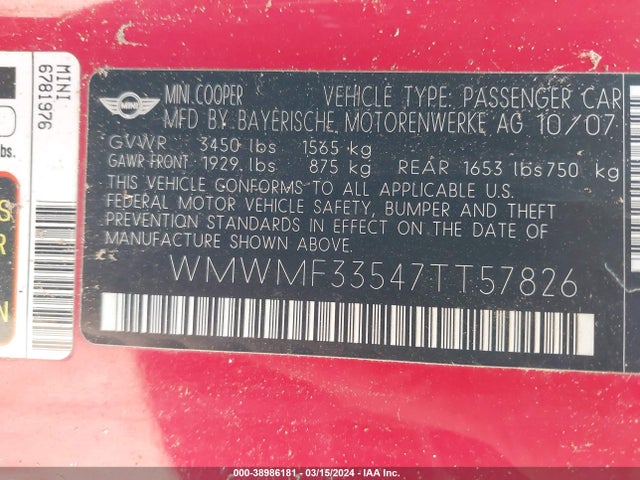 2007 MINI COOPER WMWMF33547TT57826 Photo 8