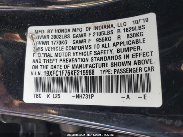 Honda Civic Ex-l 2019 19XFC1F76KE215968 Image 9