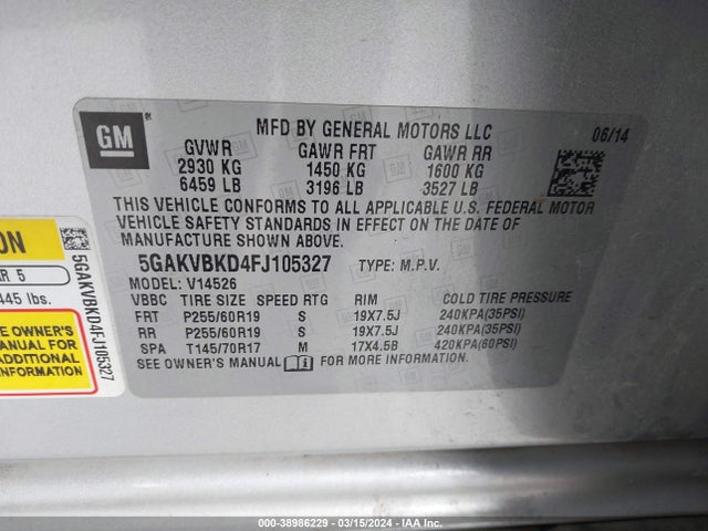 Buick Enclave Leather 2015 5GAKVBKD4FJ105327 Image 9