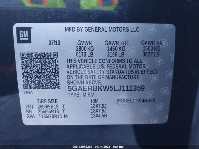 Aukcja sprzedaży 2020 Buick Enclave Fwd Essence, vin: 5GAERBKW5LJ111359, numer aukcji: 38986389
