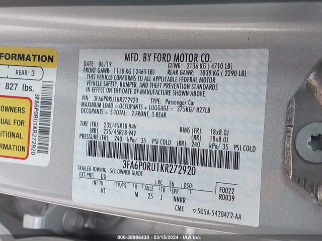 Ford Fusion Hybrid Titanium 2019 3FA6P0RU1KR272920 Image 9