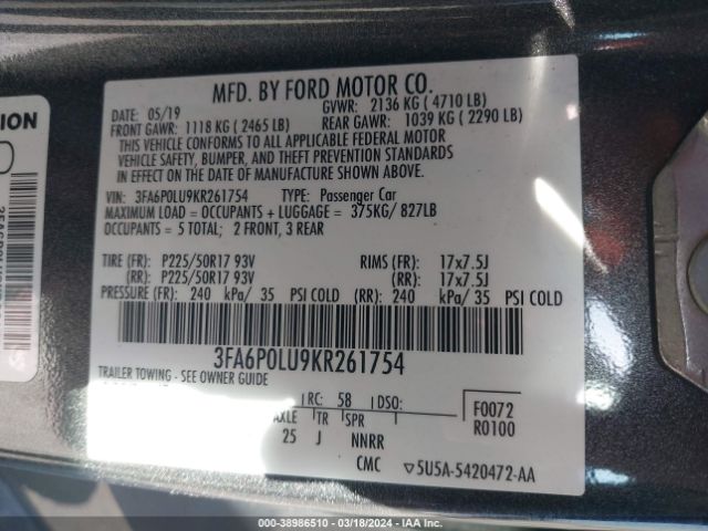 3FA6P0LU9KR261754 Ford Fusion Hybrid Se