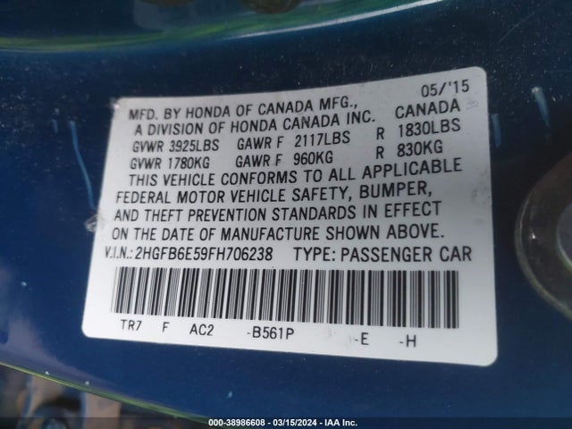 Honda CIVIC SI 2015 2HGFB6E59FH706238 Image 9