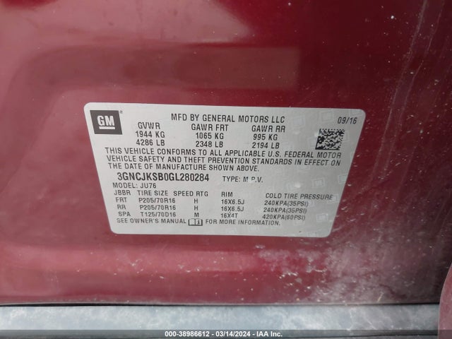 Chevrolet Trax 1ls 2016 3GNCJKSB0GL280284 Image 9