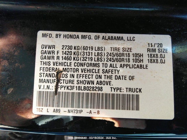 Honda Ridgeline Awd Sport 2020 5FPYK3F18LB028298 Image 9