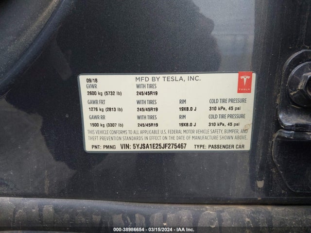 Tesla Model S 100d/75d/p100d 2018 5YJSA1E25JF275467 Image 9