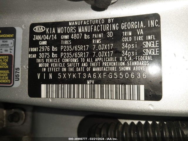 KIA SORENTO LX 2015 5XYKT3A6XFG550636 Image 9