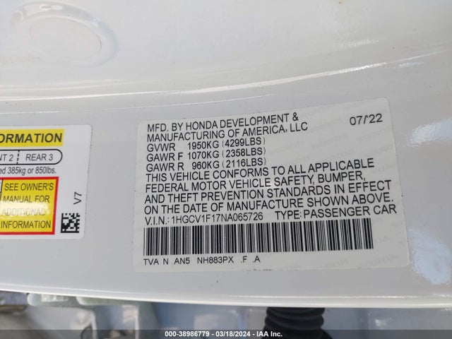 Honda ACCORD LX 2022 1HGCV1F17NA065726 Image 9
