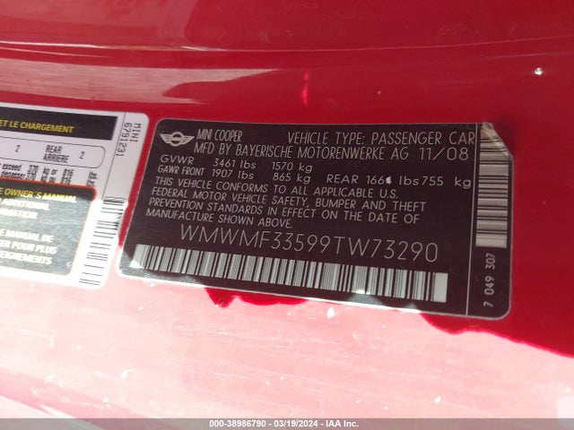2009 MINI COOPER WMWMF33599TW73290 Photo 8