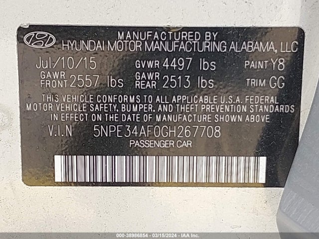 Hyundai Sonata Sport 2016 5NPE34AF0GH267708 Image 9