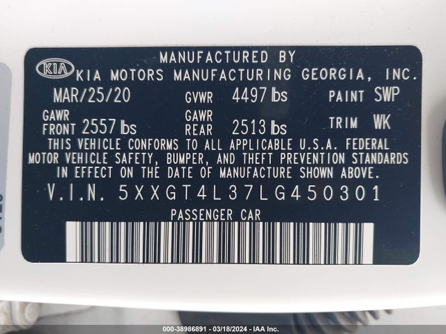 KIA Optima Lx 2020 5XXGT4L37LG450301 Image 9