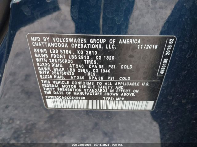 1V2ER2CA0KC515298 Volkswagen Atlas 3.6l V6 Sel