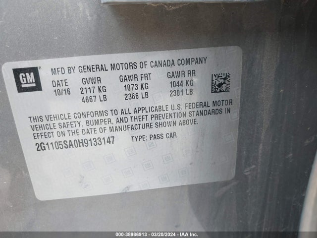 Chevrolet IMPALA 1LT 2017 2G1105SA0H9133147 Image 9