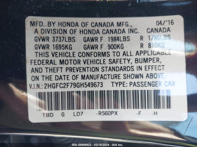Honda CIVIC EX 2016 2HGFC2F79GH549673 Image 9