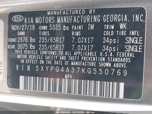 KIA Sorento 2.4l Lx 2019 5XYPG4A37KG550769 Image 9