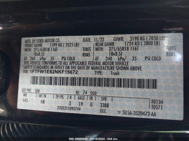 Ford F-150 Lariat 2022 1FTFW1E82NKF15672 Image 9