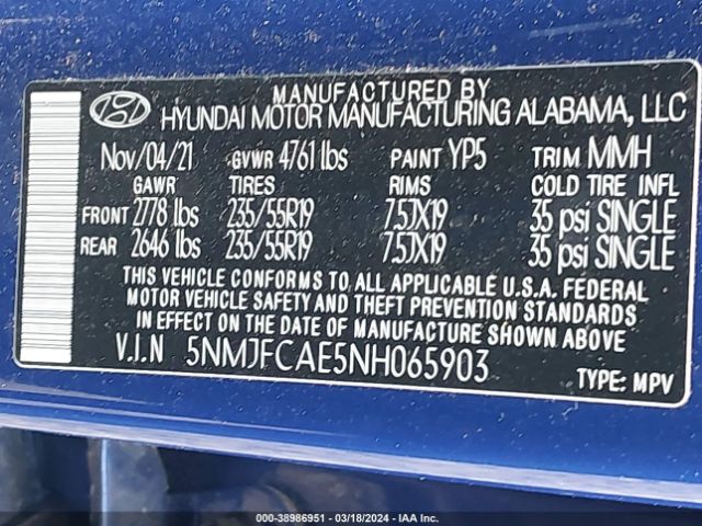 5NMJFCAE5NH065903 Hyundai TUCSON SEL
