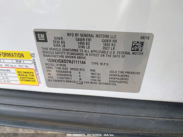 Chevrolet Traverse 1lt 2017 1GNKVGKD7HJ111144 Image 9