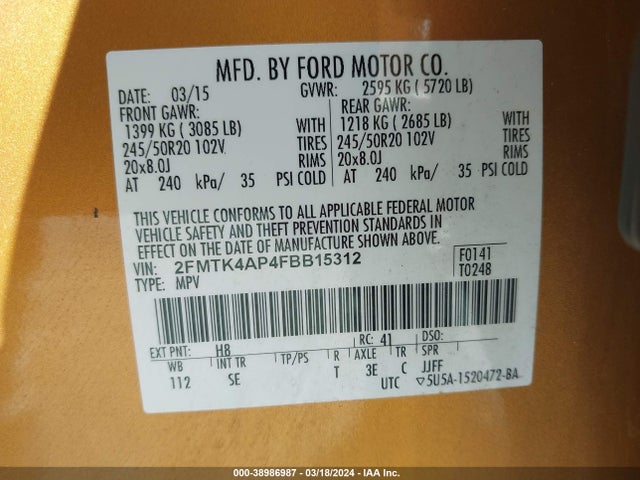 Ford EDGE SPORT 2015 2FMTK4AP4FBB15312 Image 9