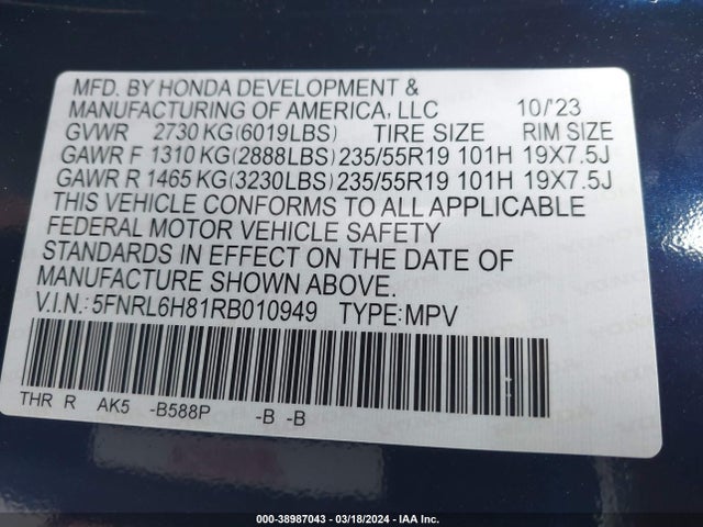 Honda Odyssey Touring 2024 5FNRL6H81RB010949 Image 9