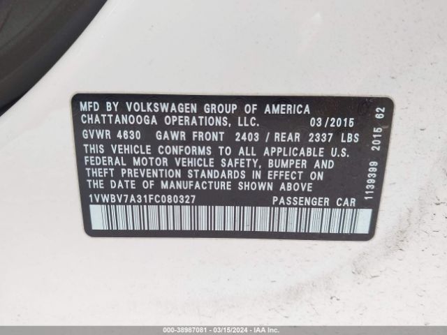1VWBV7A31FC080327 Volkswagen Passat 2.0l Tdi Se