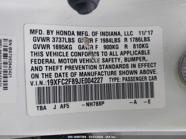 Honda CIVIC EX 2018 19XFC2F89JE004227 Image 9