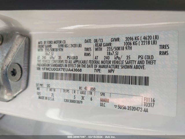Ford ESCAPE SE 2014 1FMCU0GX7EUA43668 Image 9