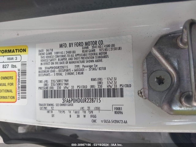 Ford FUSION SE 2018 3FA6P0HD0JR228715 Image 9